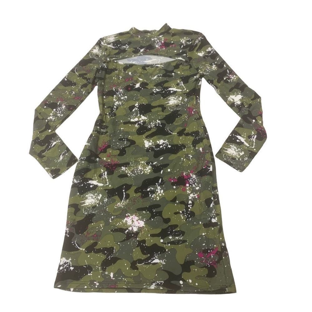 Camouflage Patterned Cut Out Neck Dress